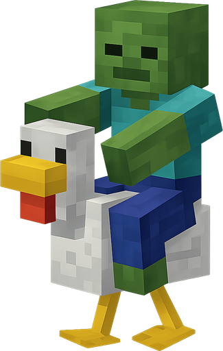 Blocky zombie riding blocky chicken. No background. Transparent background. Blank background. No shadows. 2d. In-Game asset. flat