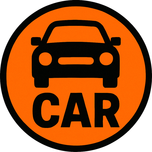 Car yazili araba temali turuncu ve daire bir dugme.
In-Game asset.  2d.  High contrast.  No shadows