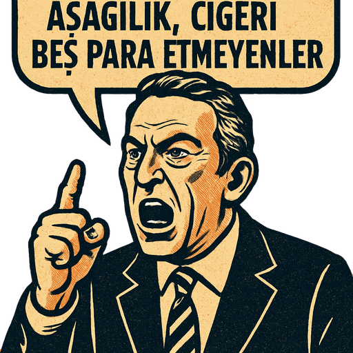 Ali Koça Sinirle konuşan bir başkan karakteri oluştur . Bu karakter Ali Koça benzesin . Bu karakterin tepesinde bir konuşma baloncuğu olsun . Bu baloncukta "Vefasızlar , Aşağılık , Ciğeri beş para etmeyenler " yazsın . Retro temada olsun !.
In-Game asset.  2d.  High contrast.  No shadows