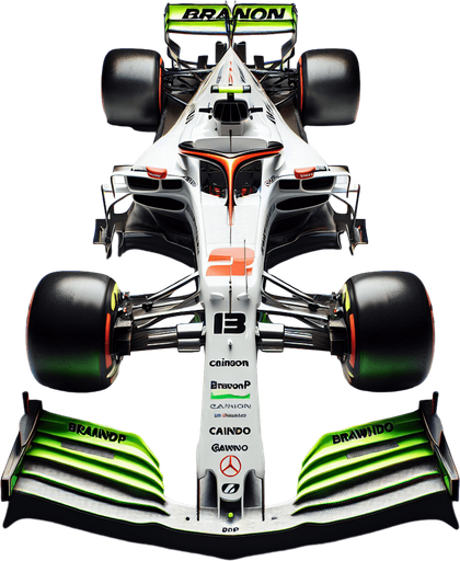Photorealistic F1 race car without Halo safety device. Top view.
White body with neongreen nose. 
Black BrainGP text on body sides. 
Red "Cainon" text on front wings. 
Neongreen rear wing with Orange "BRAWNDO" text.