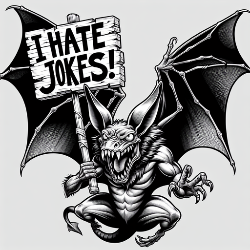 A bat holding a sign that says I Hate Jokes!.
Single Game Texture.  In-Game asset.  2d.  Blank background.  High contrast.  No shadows