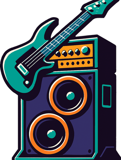 Torre de guitarra moderna, futurista con amplificacion..
In-Game asset.  2d.  High contrast.  No shadows