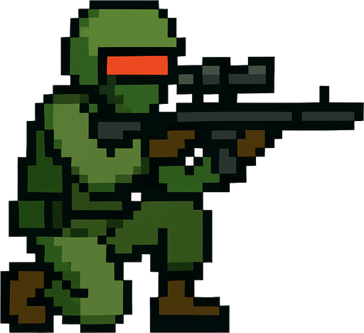 Sniper man pixel style.
In-Game asset.  2d.  High contrast.  No shadows