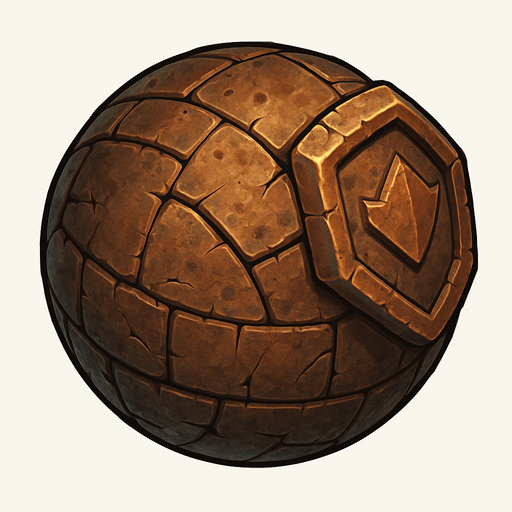 A single, isolated, highly detailed top-down isometric game asset of a Rolling Golem. It is a large, heavily armored construct, predominantly spherical or cylindrical in shape, designed for rolling. Its body is made of weathered stone or rusted metal plating, with visible cracks or joints. It should have a clear, implied 'front' side oriented towards the right of the image, with perhaps larger plating or a more distinct feature (like a simple, static crest or emblem) on this leading side to emphasize direction. No limbs or articulated parts. The entire body suggests immense weight and slow, deliberate movement. Style: Stylized, sturdy fantasy or arcane-industrial, suitable for a Tower Defense game. Transparent background..
In-Game asset.  2d.  High contrast.  No shadows