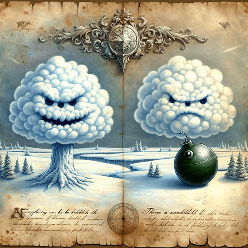 a pergament with a snowball and two clouds, in one cloud is a powerful shield hidden, in a other cloud is a grinding grinch with a bomb.  There is the text: "Everything can be hidden in the clouds. Throw a snowball to see what is there."