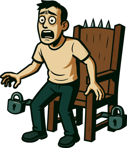 same pic of the chair with tied and 2 locks are on the sides of is woods they are opened and same person but the person is standed up and it's free from tiedes and shocked