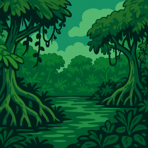 A swampy background with mangrove trees and overall overgrown but lush aesthetics.
In-Game asset.  2d.  High contrast.  No shadows