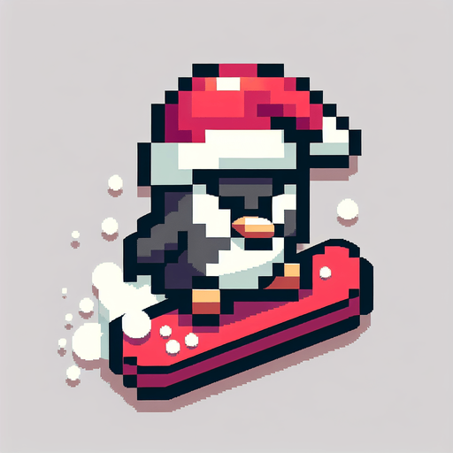 angry penguin snowboarder wearing a red santa hat. top-view. gta 2. seen from above. Single Game Texture. In-Game asset. 2d. Blank background. High contrast. No shadows. pixelated. 8 bit