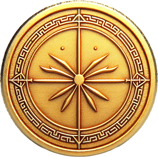 One gold coin.
Single Game Texture.  In-Game asset.  2d.  Blank background.  High contrast.  No shadows