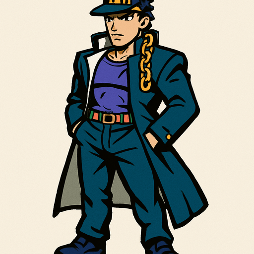 Jotaro con  cuerpo y que se vea su cabeza jojo's.
In-Game asset.  2d.  High contrast.  No shadows