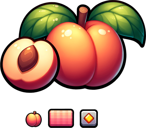 peaches.
Single Game Texture. In-Game asset. 2d. Blank background. High contrast. No shadows.