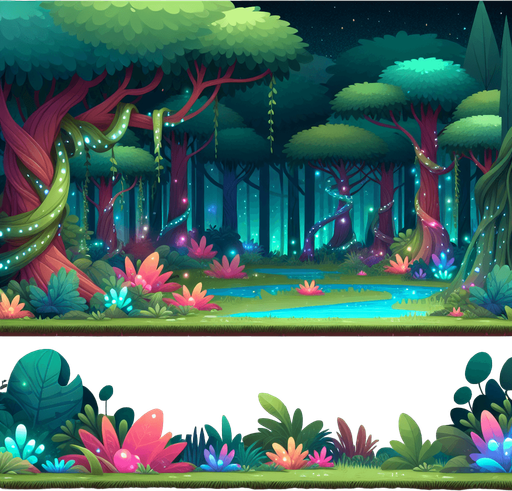 magic forest.
Single Game Texture.  In-Game asset.  2d.  Blank background.  High contrast.  No shadows