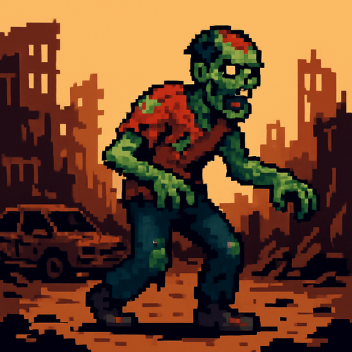 Post apocalyptic zombie pixel art less pixel.
In-Game asset.  2d.  High contrast.  No shadows