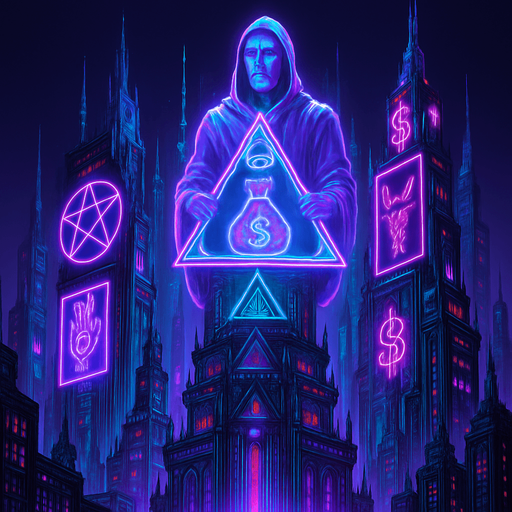 Neon cyberpunk skyscraper occult capitalist 3d hologram billboards futuristic elaborate architecture multidimensional towering city spires glowing