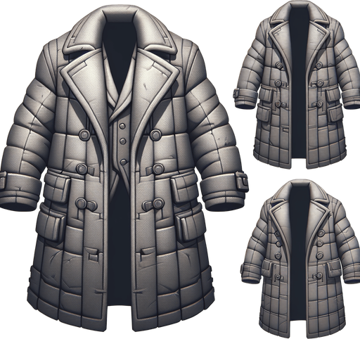 big coat.
Single Game Texture.  In-Game asset.  2d.  Blank background.  High contrast.  No shadows