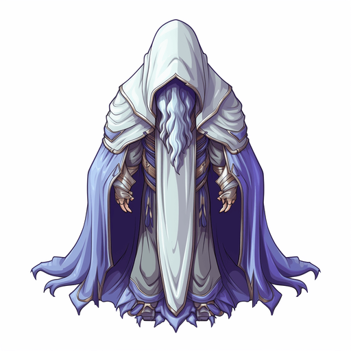 single wizard, hooded Pixel art, 16 bit, isometric, SNES, top-down, no background, white background, low resolution, symmetrical, seen from front.