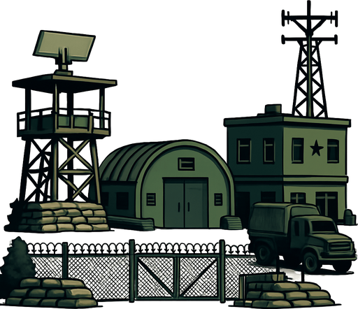 Askeri üs - gerçekçi, yazısız, yandan görünüm.
In-Game asset.  2d.  High contrast.  No shadows