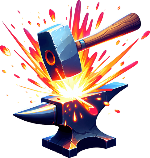 A stylized hammer striking an anvil, creating fiery sparks or engulfing the hammer head in flames..
Single Game Texture.  In-Game asset.  2d.  Blank background.  High contrast.  No shadows
