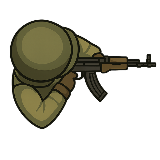 Tepeden bakış asker elinde taramalı tüfek . No background. Transparent background. Blank background. No shadows. 2d. In-Game asset. flat