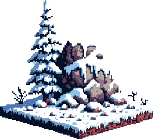 pixel art of a rock covered in snow. Single Game Texture. In-Game asset. 2d. Blank background. High contrast. No shadows.