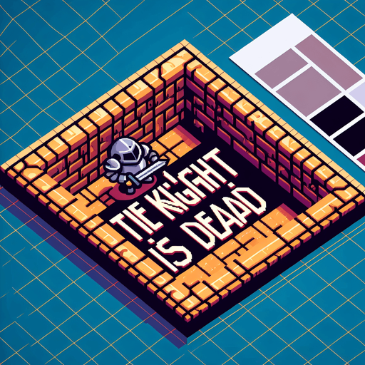 Pixealrt. Dungeon. Reads: The Knight is DEAD.
Single Game Texture. In-Game asset. 2d. Blank background. High contrast. No shadows.