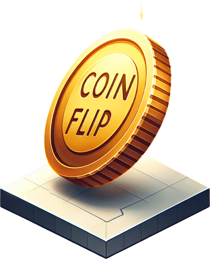 a gold coin saying 'coinflip'.
In-Game asset. 2d. Blank background. High contrast.