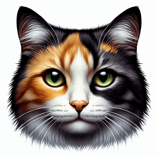 Tricolor cat face view.
Single Game Texture. In-Game asset. 2d. Blank background. High contrast. No shadows.