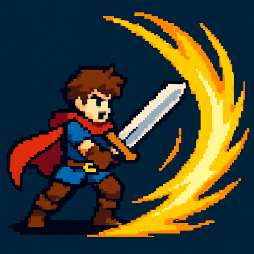 2d hero swordsman pixel sprite. sending shockwaves.
In-Game asset.  2d.  High contrast.  No shadows