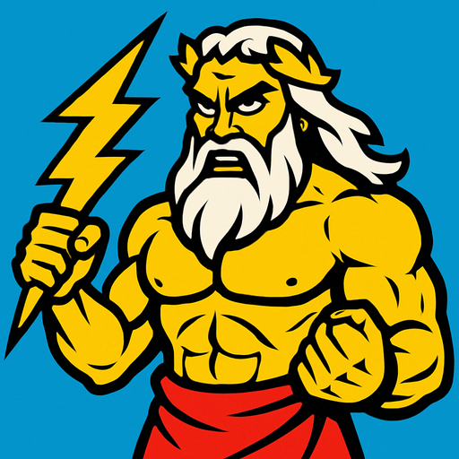 güçlü bir yıldırım tanrısı olan zeus çiz.
In-Game asset.  2d.  High contrast.  No shadows
