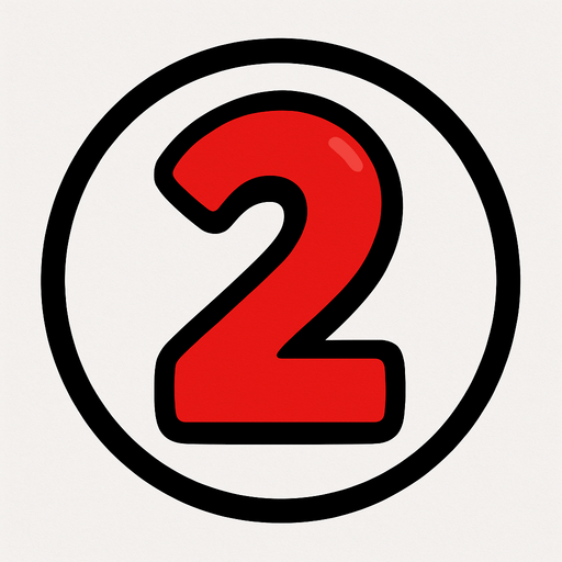 Numero 2 de color rojo dentro de un circulo blanco..
In-Game asset.  2d.  High contrast.  No shadows. Cartoon 2D