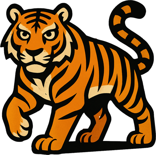 A tiger image, with wooden background.
In-Game asset.  2d.  High contrast.  No shadows