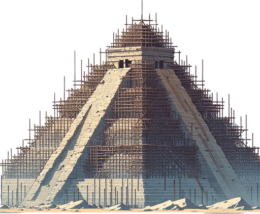 An animated image of an unfinished pyramid, with a label 'The building of the Pyramids of Giza.
Single Game Texture. In-Game asset. 2d. Blank background. High contrast. No shadows.