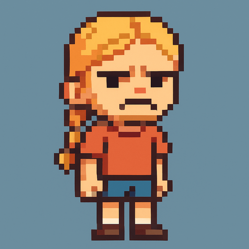 bad regular frown casual girl kid blonde hair braided full body 2d pixel art.
In-Game asset.  2d.  High contrast.  No shadows