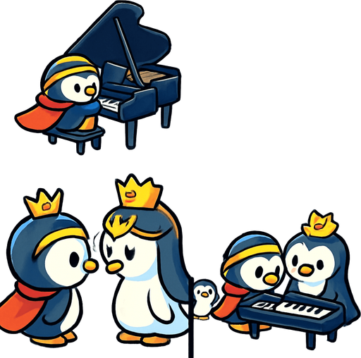 4-panel comic strip, no text, cute cartoon style, bright colors, black outlines.
Characters: Penguin Hero (small, determined) + Penguin Princess (elegant, crown) + Village Penguins
Central Theme: Music connects hearts, piano mastery wins love. Story: Hero's grand performance wins Princess's heart and village's admiration

Panel 1: Hero plays grand piano on large ice stage, whole village watching
Panel 2: Beautiful music fills the air, all penguins are enchanted, notes sparkle
Panel 3: Princess approaches Hero, heart symbols floating between them
Panel 4: Hero and Princess together at piano, playing duet, village celebrates with hearts/music notes everywhere.
In-Game asset.  2d.  High contrast.  No shadows