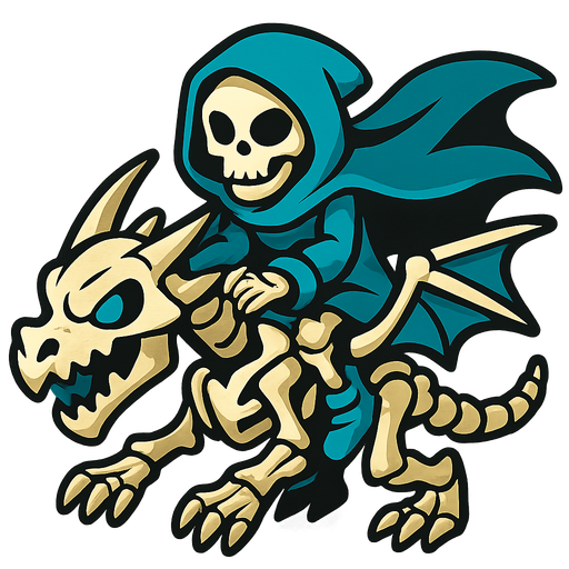 Skeleton with a blue hoodie and cape riding a skeleton dragon.
In-Game asset.  2d.  High contrast.  No shadows
