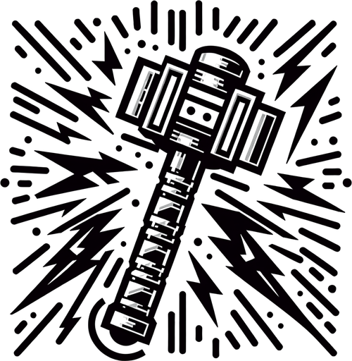 hammer with lightning.
Single Game Texture. In-Game asset. 2d. Blank background. High contrast. No shadows.