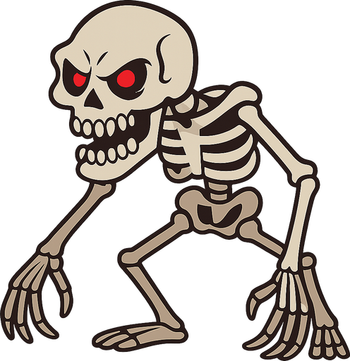 A skeleton with 3 legs and a creepy face and red eyes. No background. Transparent background. Blank background. No shadows. 2d. In-Game asset. flat