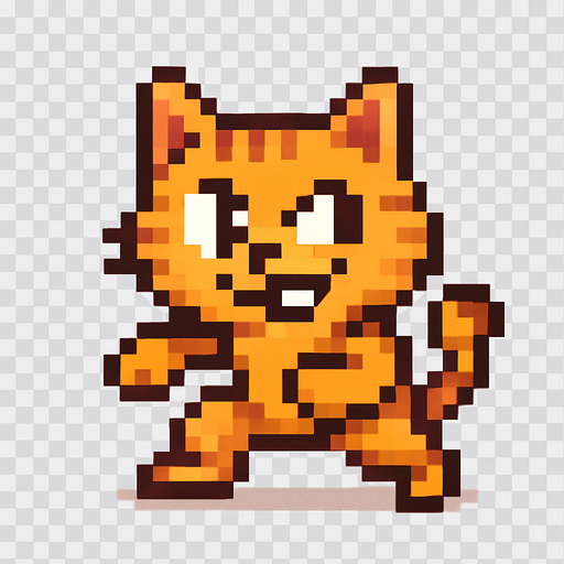 Crea un personaje que sea un gato simpático, estilo pixel art.
Debe estar de pie y verse como si pudiera esquivar cosas.
Que tenga una expresión divertida o decidida.
El fondo debe ser transparente.