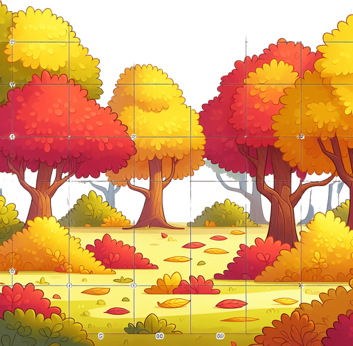 A background image for a puzzle video game depicting the season of fall. Cartoon.
Single Game Texture. In-Game asset. 2d. Blank background. High contrast. No shadows.
