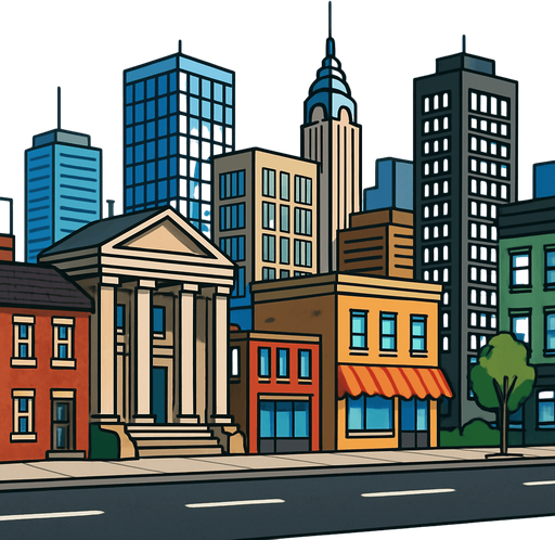 realistic mixed city.
In-Game asset.  2d.  High contrast.  No shadows