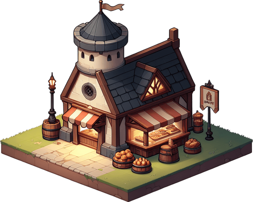 An bakery in a RTS fantasy style Single Game Texture. In-Game asset. 2d. Blank background. High contrast. No shadows.
