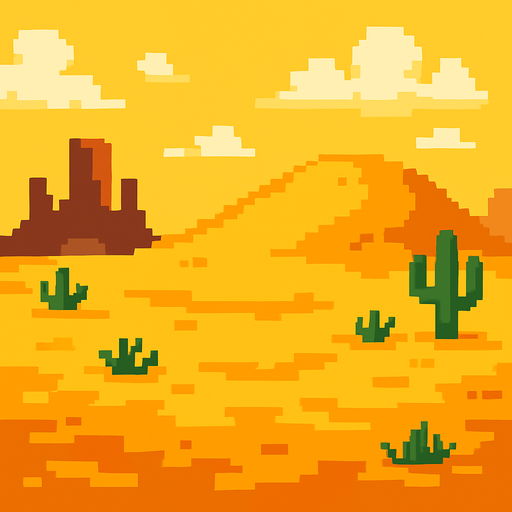 Make a 2D image of a pixelated desert.
In-Game asset.  2d.  High contrast.  No shadows