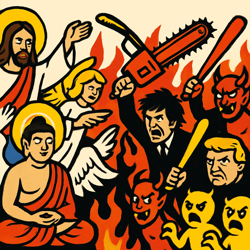 cristo, buddha y angeles vs milei con motosierra, trump con bate de basebol, devil, demons y yellow demons.
In-Game asset.  2d.  High contrast.  No shadows