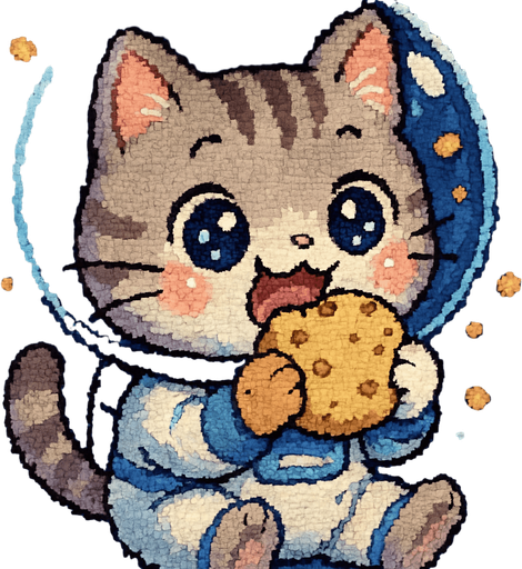 A cute kitten, illustrated in an adorable chibi anime style and wearing an astronaut suit, is joyfully eating as if it hadn’t had a meal in ages. Its eyes sparkle with delight, and crumbs float around in zero gravity.