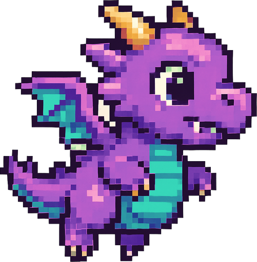 A pixel art baby dragon character designed for a 2D side-scrolling game, viewed from the side. The dragon has small wings, a chubby body, and a cute cartoonish face. It has small horns, a short tail, and colorful scales—shades of purple and teal. The dragon is in a flying pose, flapping its wings. Its eyes are big and expressive, and it has tiny fangs showing. The overall design is playful and fantasy-inspired, while still fitting a retro arcade pixel style..
In-Game asset.  2d.  High contrast.  No shadows. pixel art. side view. game character. baby dragon. cute. fantasy. retro style
