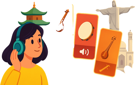 Fullscreen modern App Store landscape banner, 16:9, high definition, for a game titled "Sound Explorer: World Tour" and with the description "Listen to authentic sounds from different cultures and guess correctly to travel the world! Match traditional instruments and cultural audio to their visual representations in this educational journey.". No text on banner!