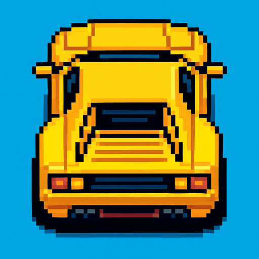 un auto amarillo deportivo con perspectiva desde arriba hecho con pixeles.
In-Game asset.  2d.  High contrast.  No shadows con perspectiva trasera