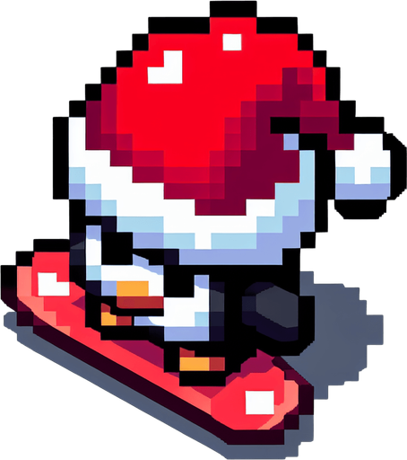 angry penguin snowboarder wearing a red santa hat. top-view. gta 2. seen from above. Single Game Texture. In-Game asset. 2d. Blank background. High contrast. No shadows. pixelated. 8 bit