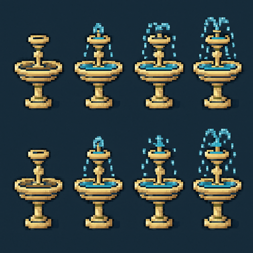 A sprite sheet for a small standing tiered fountain. Sprites for water animation and one with no water. Retro pixel art..
In-Game asset.  2d.  High contrast.  No shadows