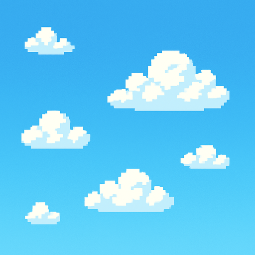 El cielo debe ser un fondo claro y agradable, de color azul celeste con un suave degradado hacia un azul más claro en la parte inferior, acompañado de algunas nubes blancas esponjosas flotando lentamente para dar una sensación de movimiento y vida; todo en pixel art, sin muchos detalles, con un ambiente brillante, alegre y apto para un juego casual visualmente amigable..
In-Game asset.  2d.  High contrast.  No shadows
